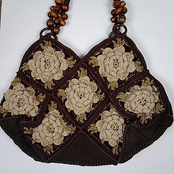 VTG, Crochet Style Retro Handmade Floral Handbag And Shoulder Bag Brown And Gold - Picture 4 of 16